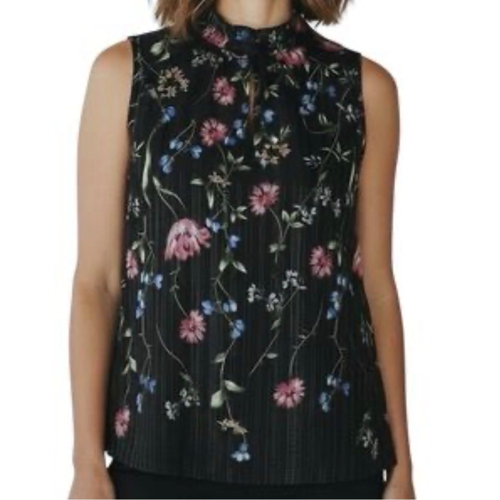 White House Black Market Floral Metallic Pinstripe Mock Neck Blouse Black Small